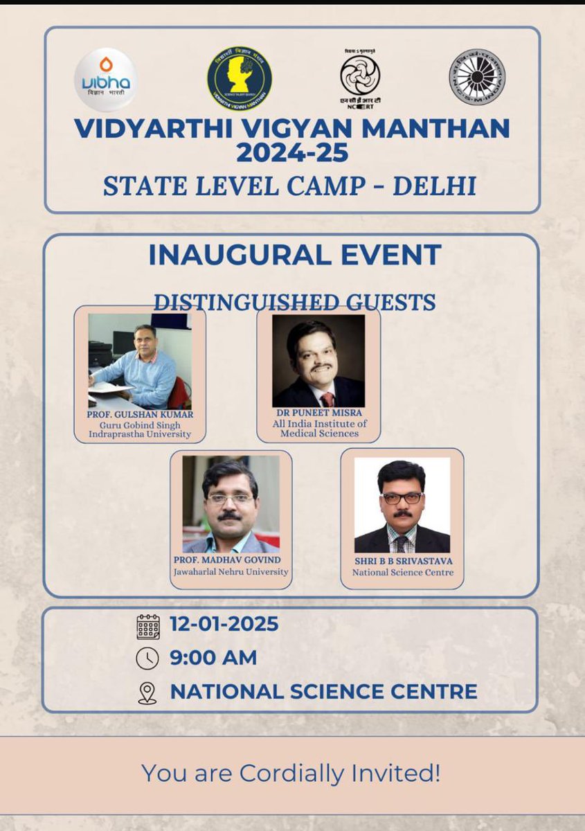 DelhiVigBharati's tweet image. Delighted to share that Vidyarthi Vigyan Manthan Delhi is organizing a state level camp for winners from Delhi schools class 6-11, at National Science Centre Delhi on 12th Jan 2025. You all are cordially invited to join it&apos;s successful commencement.
Regards 
VVM
@DelhiVigBharati