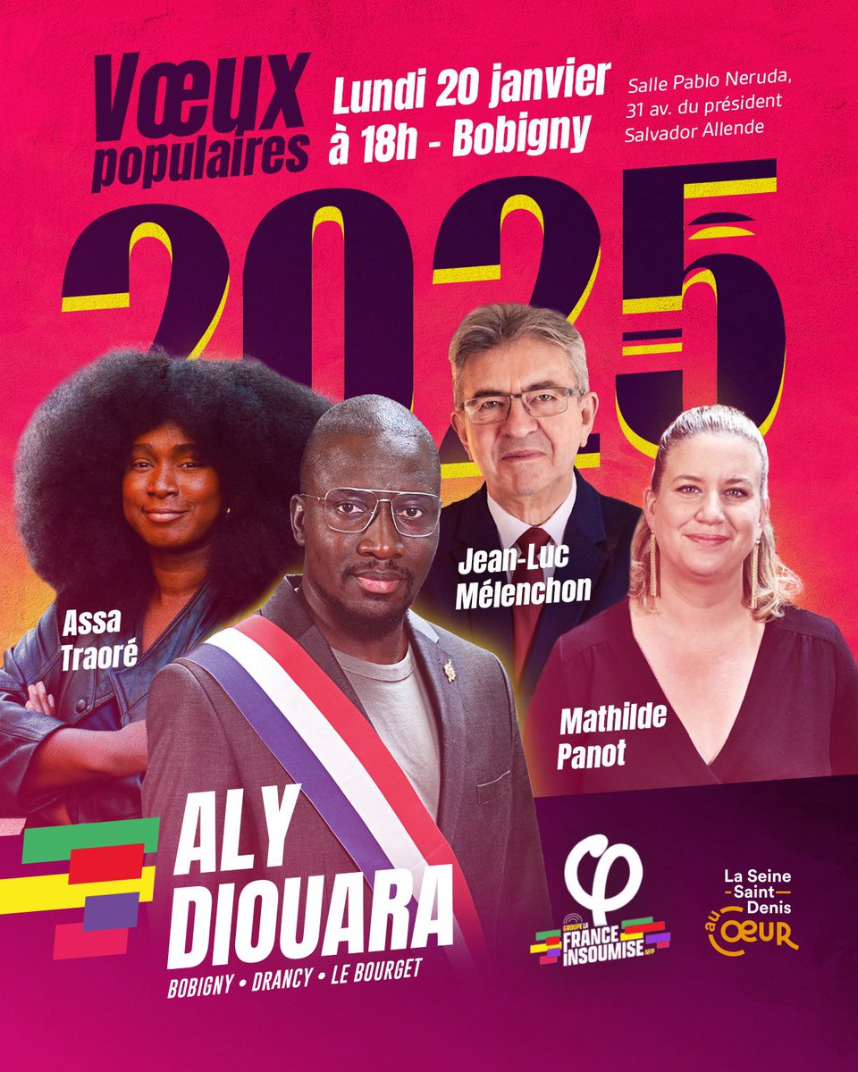 Aly D (@alydiouara) on Twitter photo 🔥 VŒUX POPULAIRES 🔥
Extrêmement fier et honoré d’accueillir à Bobigny <a href="/JLMelenchon/">Jean-Luc Mélenchon</a>, <a href="/MathildePanot/">Mathilde Panot</a> et <a href="/laveritepradama/">La Vérité Pour Adama</a> pour ma première cérémonie de vœux populaires.
Déjà plus de 400 inscrit•es et un programme riche pour une soirée mémorable. 🔥 VŒUX POPULAIRES 🔥
Extrêmement fier et honoré d’accueillir à Bobigny <a href="/JLMelenchon/">Jean-Luc Mélenchon</a>, <a href="/MathildePanot/">Mathilde Panot</a> et <a href="/laveritepradama/">La Vérité Pour Adama</a> pour ma première cérémonie de vœux populaires.
Déjà plus de 400 inscrit•es et un programme riche pour une soirée mémorable.