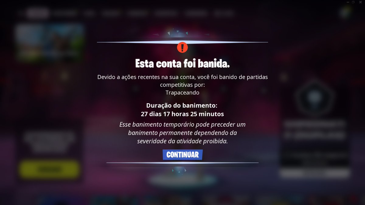 Lypekjj's tweet photo. Isso daqui não tem nem sentido, nunca fiz nada de errado e já fui trocado por xiter várias vezes, reclamei e a epic não fez nada, agora entro no jg e tá essa mensagem na minha tela, entro em contato com e eles e eles dizem que não podem falar o pq eu fui banido
@Brasil_Fortnite https://t.co/O9ANwdO49V