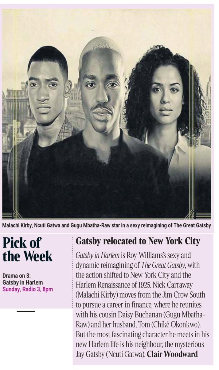 The <a href="/grannyeatswolf/">Granny Eats Wolf</a> team have done an amazing job with Gatsby in Harlem for <a href="/BBCRadio3/">BBC Radio 3</a>. Pick of the Week in <a href="/thetimes/">The Times and The Sunday Times</a>; hear it at 8pm this Sunday, with a cast including Malachi Kirby, Ncuti Gatwa and Gugu Mbatha-Raw: bbc.co.uk/programmes/m00…