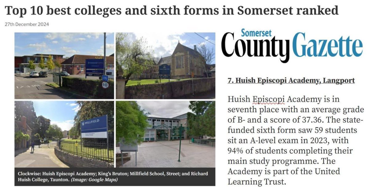 We are so proud to announce that we are ranked as the best performing non-fee paying sixth form in Somerset, and are 7th in the top 10 best sixth forms/ colleges in Somerset overall. This is following the latest performance data from the DfE. #edutwitter 

somersetcountygazette.co.uk/news/24815474.…