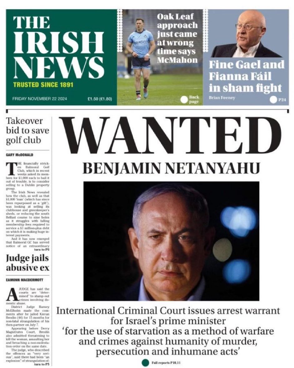 Netanyahu 🇮🇱 is a wanted man. 

If he steps foot in Ireland 🇮🇪 he will be arrested and sent to The Hague.

No delays.
No equivocation.

Ireland 🇮🇪 stands with Palestine 🇵🇸 

🇮🇪 🤝 🇵🇸