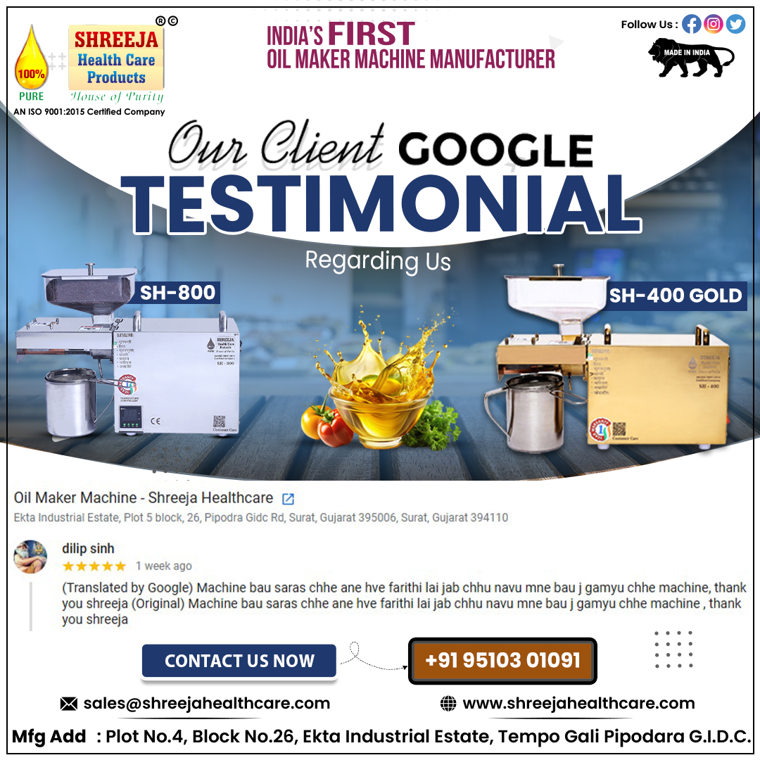 shreejahealth's tweet image. ✨ Google Testimonial from Our Happy Client! 🌟
☎️ Call: +91 95103 01091
📧 Email: sales@shreejahealthcare.com
🛒 Order Now:
👉 shreejahealthcare.com
#shreejahealthcare #oilextractionmachine #coldpressoil #oilpressmachine #healthyoil #pureoil #organicoilextraction #homeoilmaker