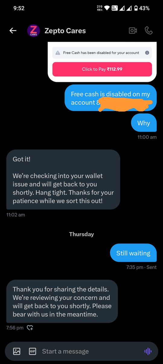 Chang60643753's tweet photo. @zeptocares @ZeptoNow 
I have tried asking about free cash disabled in my account and they are not replying then why they credit the amount https://t.co/GtFmWlnbxc