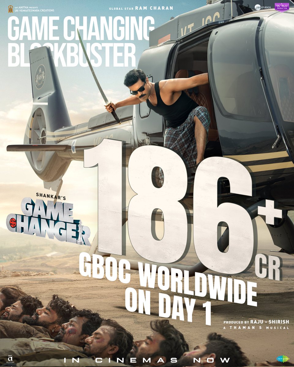 Sri Venkateswara Creations (@svc_official) on Twitter photo King size entertainment unleashes in theatres 🔥
#GameChanger takes a blockbuster opening at the BOX OFFICE 💥💥
#BlockbusterGameChanger GROSSES 186 CRORES WORLDWIDE on Day 1 ❤🔥
Book your tickets now on <a href="/bookmyshow/">BookMyShow</a>
🔗 linktr.ee/GCTicketPortals
Global Star <a href="/AlwaysRamCharan/">Ram Charan</a> King size entertainment unleashes in theatres 🔥
#GameChanger takes a blockbuster opening at the BOX OFFICE 💥💥
#BlockbusterGameChanger GROSSES 186 CRORES WORLDWIDE on Day 1 ❤🔥
Book your tickets now on <a href="/bookmyshow/">BookMyShow</a>
🔗 linktr.ee/GCTicketPortals
Global Star <a href="/AlwaysRamCharan/">Ram Charan</a>