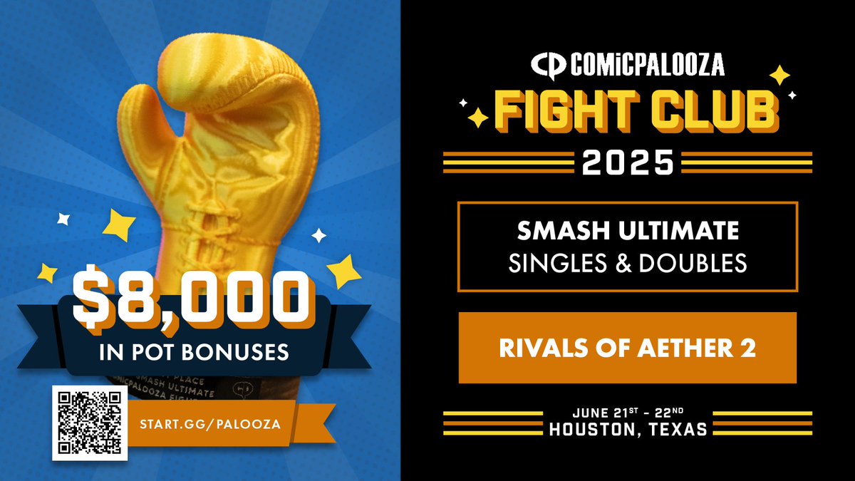 😱 $8,000 of Pot Bonuses 😱

CP Fight Club 2025 returns to Houston, TX as a TWO DAY EVENT featuring Smash Ult and Rivals 2 at the biggest anime and pop-culture convention in Texas! 

Retweet / tag your favorite top player for your (and their) chance to win a 3 DAY <a href="/Comicpalooza/">Comicpalooza</a>