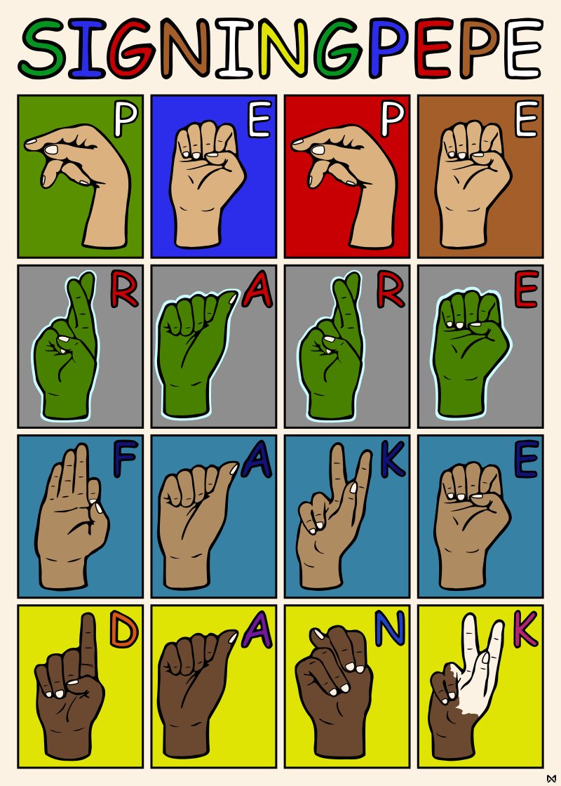 Memeticx's tweet image. My 3rd Fake Rare:
SIGNINGPEPE
by Memeticx
Series: 17 / Card: 45 / Issuance: 55
Backstory: My Grandfather played Santa Clause at a theme park and learned sign language to communicate with hearing impaired kids. We spent a lot of time together so he taught me for practice.