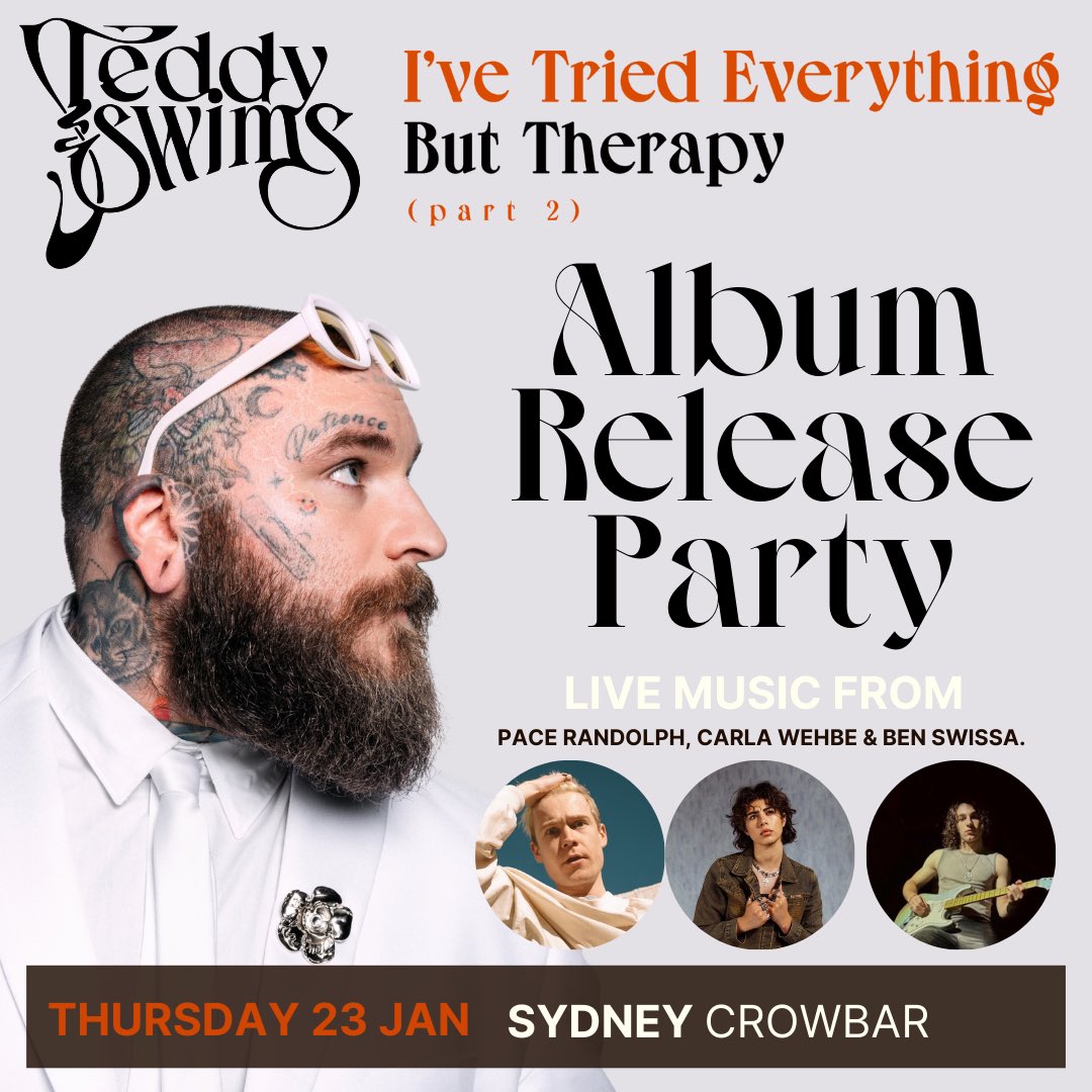 Ben Swissa (@ben_swissa) on Twitter photo hyped to be playin 4 the legend <a href="/teddyswims/">Swimmy BoutDaCheck</a> album launch 23rd Jan in Syd.
Gonna be a mad night of music, alongside beasts @pacerandolph @carlawehbe 🖤
Tix link in bio 🔗, see u there hyped to be playin 4 the legend <a href="/teddyswims/">Swimmy BoutDaCheck</a> album launch 23rd Jan in Syd.
Gonna be a mad night of music, alongside beasts @pacerandolph @carlawehbe 🖤
Tix link in bio 🔗, see u there