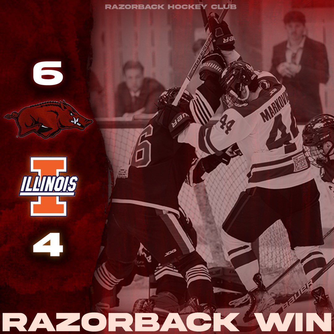 RazorbackMHClub's tweet image. RAZORBACKS WIN! A hat trick from David Markovich leads your hogs past the fighting illini! Tomorrow’s game at 2pm in rolling meadows, Illinois!

#gohogs #wps #woopig #woopigsooie #razorbacks #razorbackhockey #achahockey