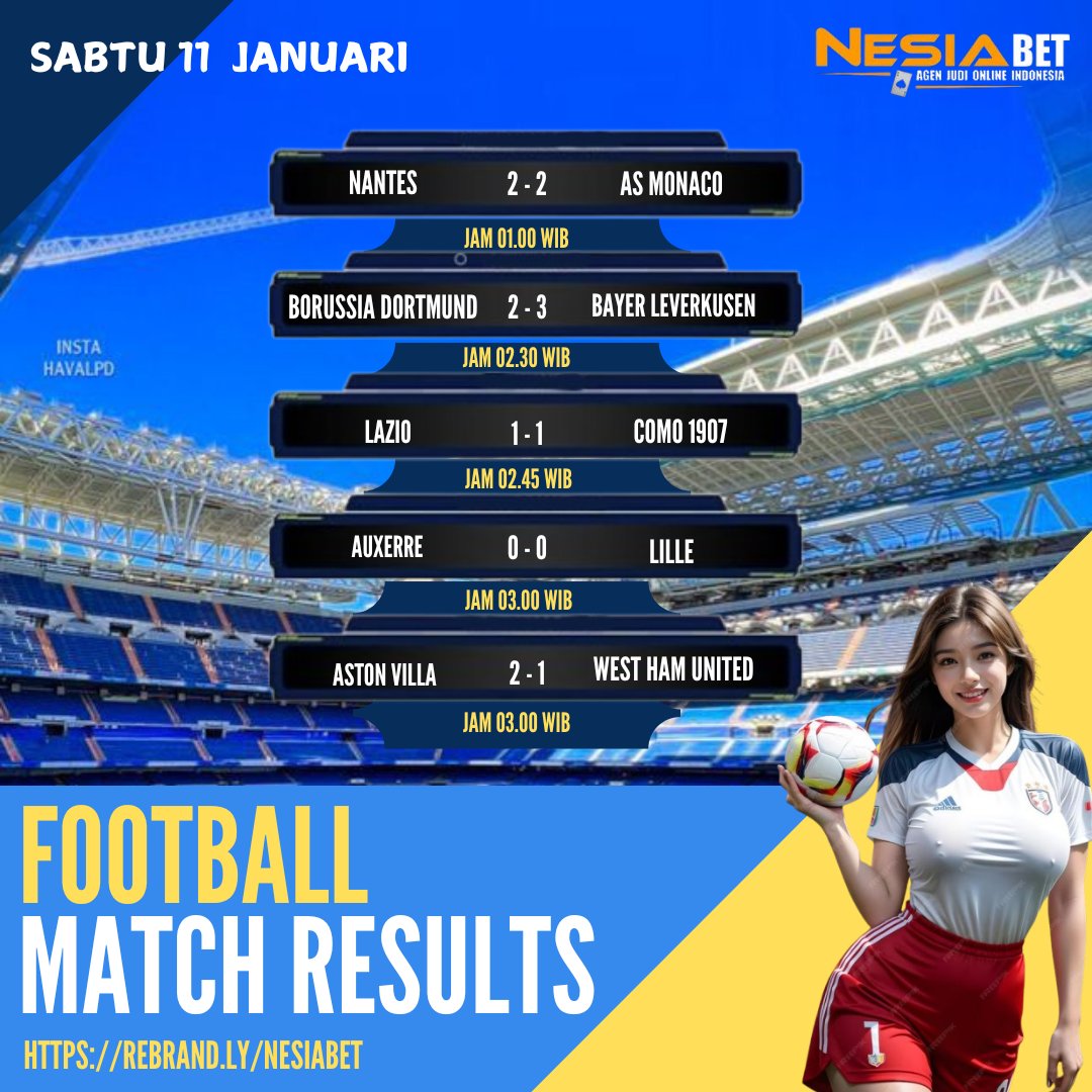 HASIL Pertandingan BOLA 11 JANUARI 2025
AYO deposit sekarang juga, NESIABET menerima DEPOSIT PULSA TANPA POTONGAN. BONUS NEW MEMBER 50%
Deposit bisa menggunakan PULSA, OVO, DANA, GOPAY