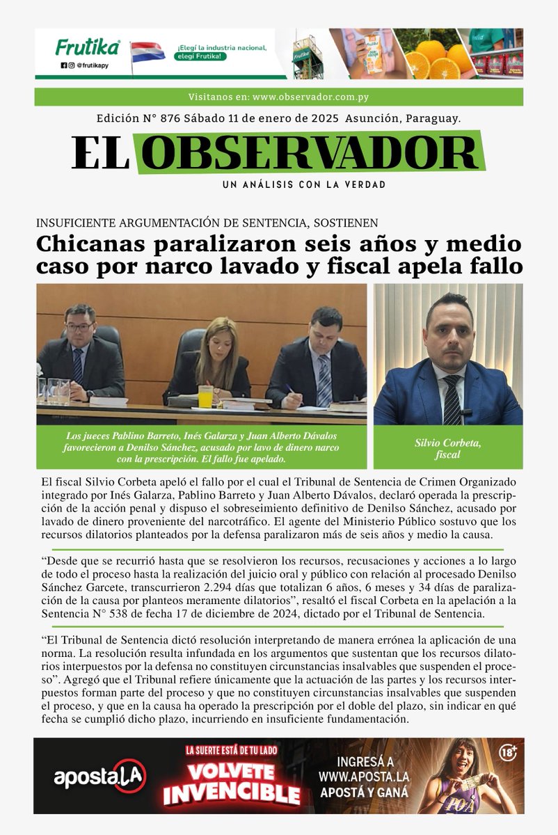 ¡Buenos días! 

✅Compartimos con ustedes nuestra tapa🗞️

🌥️Caluroso, cielo parcialmente nublado a nublado, vientos del sureste, luego variables
 
🌡️Max: 37°  

📌Podes leernos en: observador.com.py