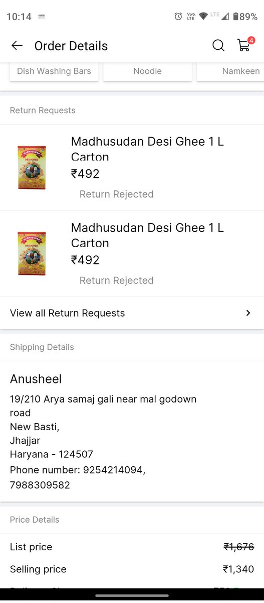 Anusheel17's tweet photo. I have ordered few groceries from Flipkart and got one packet of madhusudan ghee was missing item... I have tried to place return 2 3 time but seller canceling the return of same... Please help to provide me with refund of same

@flipkartsupport @Flipkart https://t.co/7LlAlpxqcz