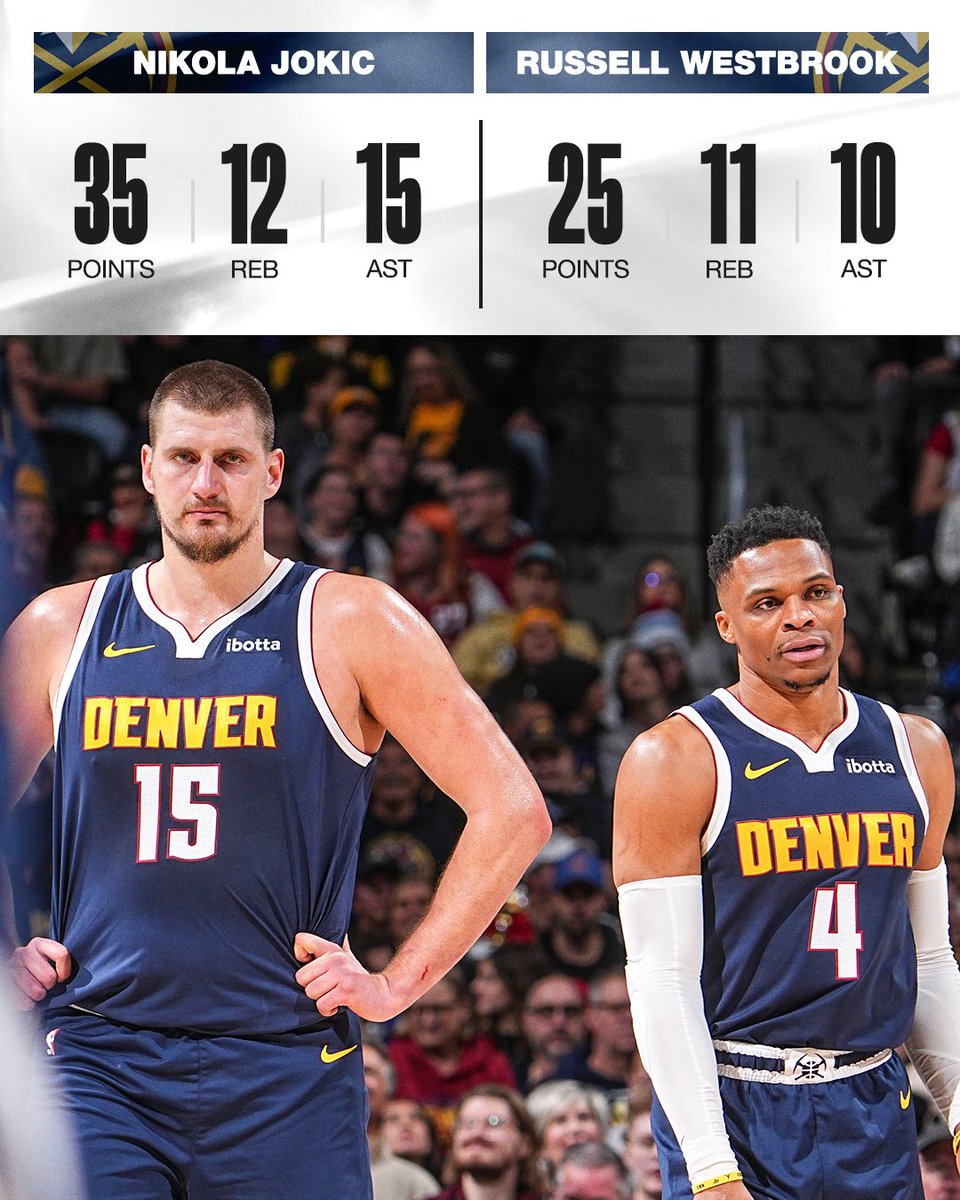 SportsCenter's tweet photo. Russ and Jokic are only the second duo to each have a 25-PT triple-double in the same game in NBA history 😳

The other duo? Jokic and Jamal Murray in the 2023 Finals. https://t.co/EoUP3wiiaY