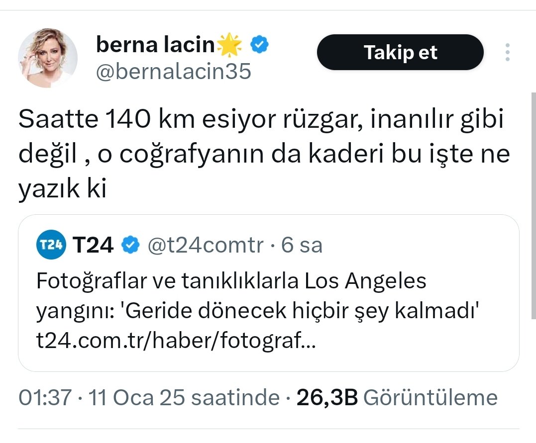 enimenelegzet's tweet image. Marmaris yangınında, sel baskınlarında, 6 Şubat depremlerinde devleti ve hükûmeti suçlayan ablam, bir parçası olmak için can attığı Hollywood yanmaya başlayınca kadere iman etmiş. İşte bütün bunlar mevsimi gelmeden erik ve çilek yemekten kaynaklanıyor.