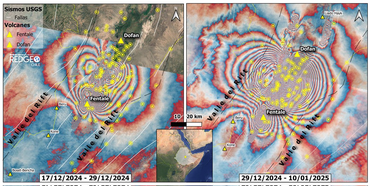 RedGeoChile's tweet photo. 🇪🇹 La intrusión magmática compromete a los volcanes #Fentale y #Dofen (también llamado Dofan) 🌋, ubicadas a 47 kilómetros de distancia entre sí. La evidencia radar de satélites demuestra la dimensión de deformación superficial en dos períodos consecutivos.