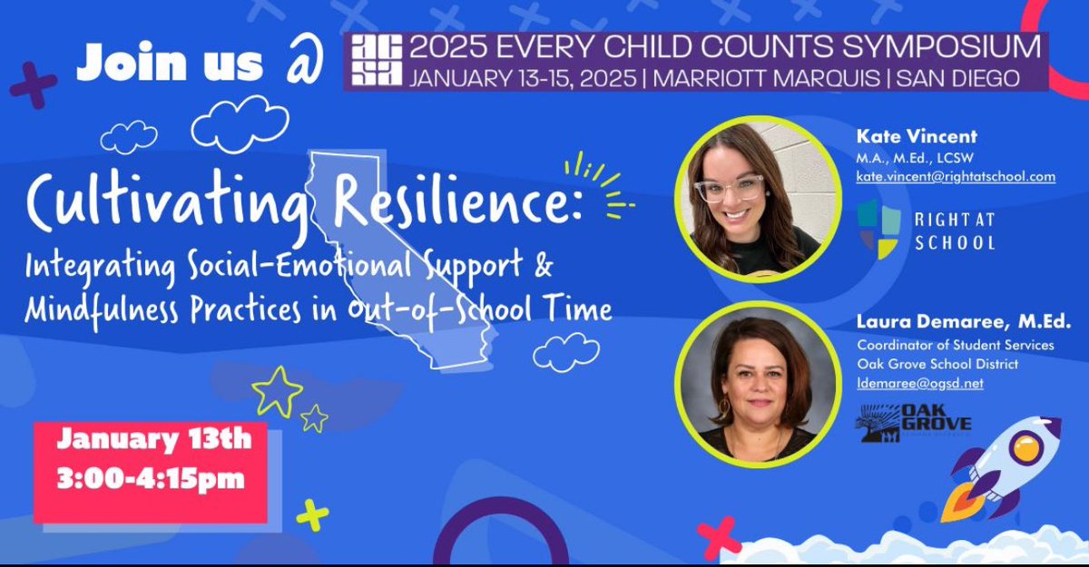 Looking for Inspiration at <a href="/ACSA_info/">ACSA</a> Every Child Counts? 🚀 

Join me to learn practical strategies to boost student well-being, resilience &amp; mindfulness in ELOP programs. 

📅 Jan. 13th I 3:00-4:15 PM
📍 Marriott Marquis, San Diego

See you there! 💙

#SELBeyondTheBell