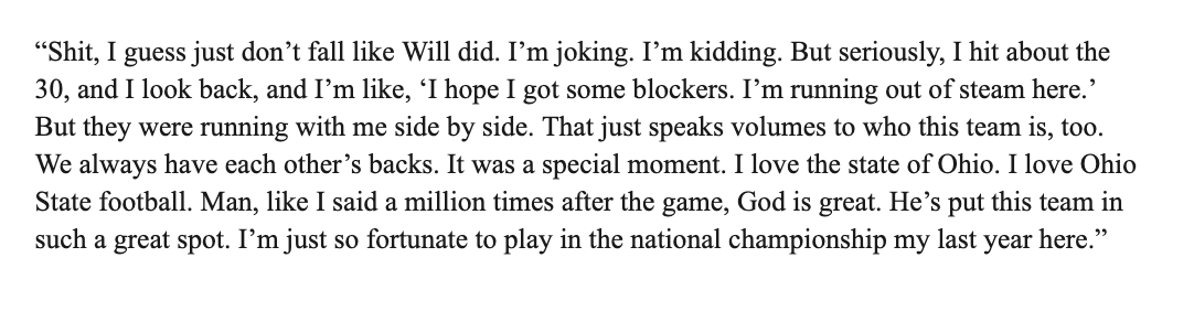 Jack Sawyer on what was going through his mind as he ran 83 yards for his scoop-and-score: "Shit, I guess just don't fall like Will (Howard) did."