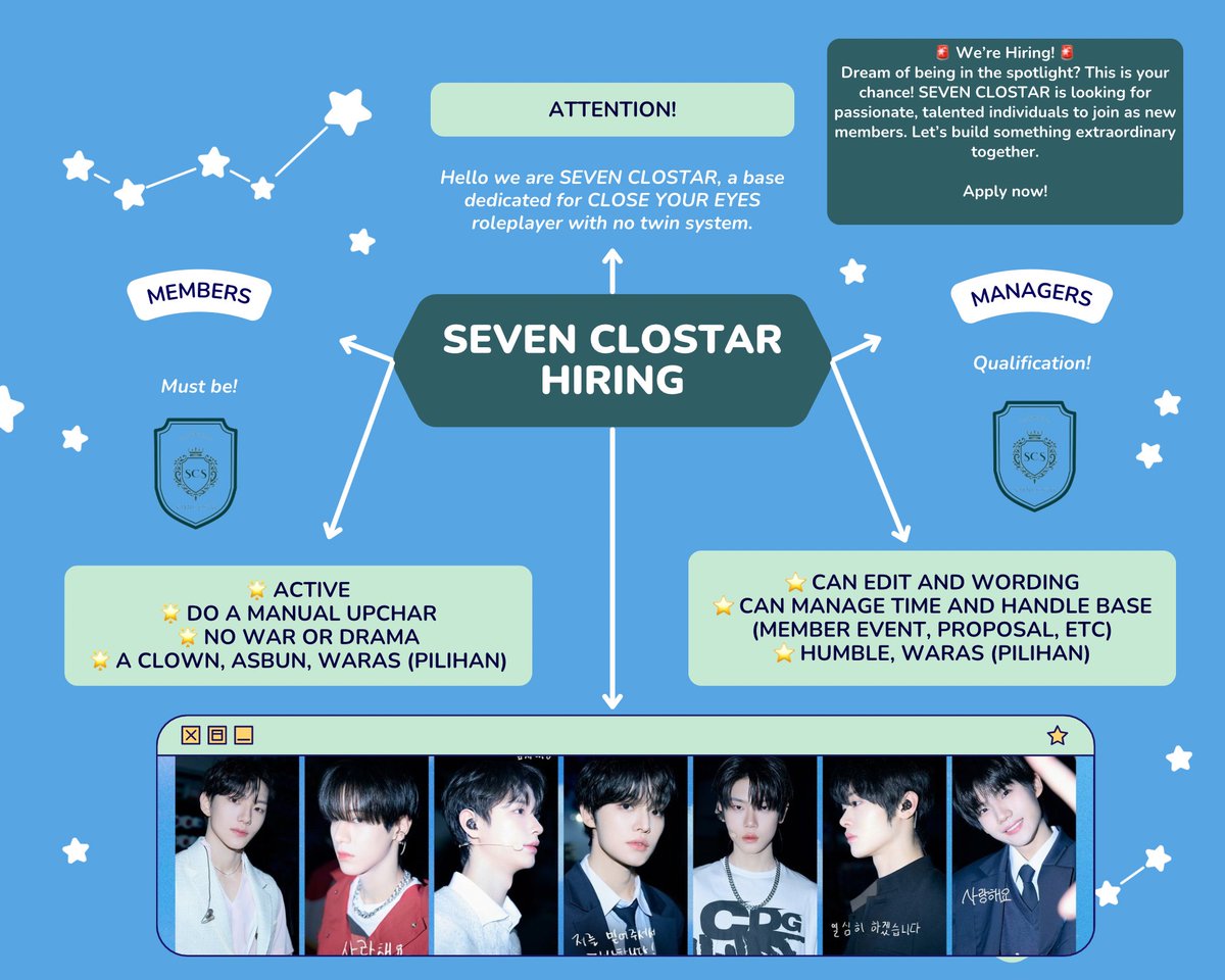 🌟 Reposts would be greatly appreciated to help us 🌟

Hello we are SEVEN CLOSTAR hiring for CLOSE YOUR EYES roleplayers and a manager. Check the details on the poster and let us know in the reply if you’re interested.