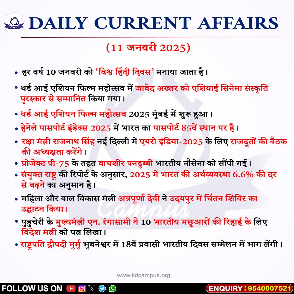 KDCurrentUpdate's tweet photo. Current Affairs 11th January 2025 (Hindi) #CurrentUpdate #CurrentAffairs Important for #students preparing for #UPSC #Banking #SSC #Railway #General_Competitive_exam #SSCCGL #BPSC #MPPSC #UPPSC #IBPS #SBIPO_Clerk #RBI #RRBNTPC #NTPC #RRBGroup_D #PCSExams #CLAT #CAT #CTET https://t.co/GPw48cFdHH