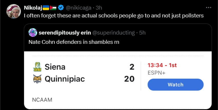 "I went to a small liberal arts college in New England that does political polling. No, not Quinnipiac..."