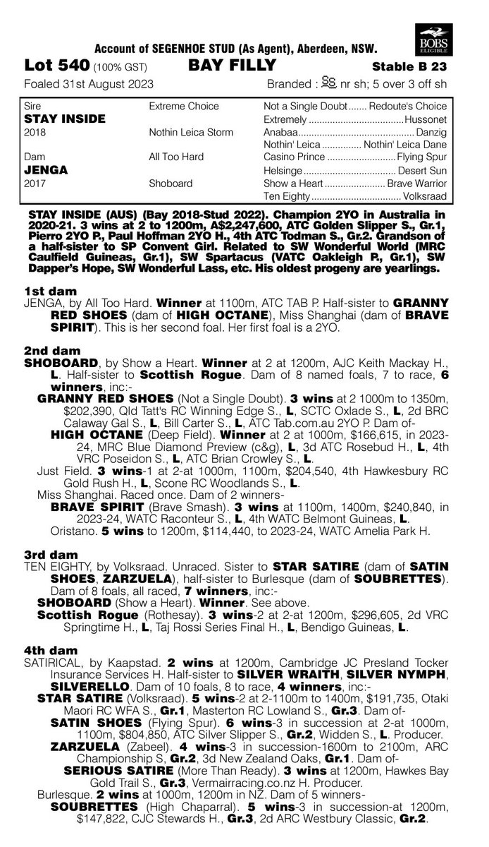 I secured her half sister by Stay Inside from <a href="/SegenhoeGroup/">Segenhoe Group</a> for $200,000

Her dam is off to a flyer &amp; this filly looks sharp &amp; quick

Limited ownership opportunities remain