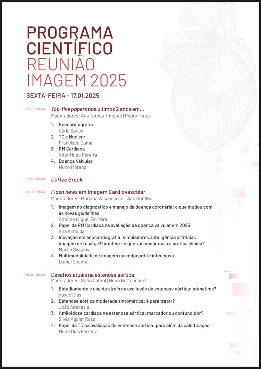NunoFerreira81's tweet photo. Falta apenas uma semana para a reunião IMAGEM 2025! Programa científico diversificado e faculty de excelência!

🗺️ MH Hotel Peniche
⏩ programa e inscrições: https://t.co/qvDjcuHMuK

@spcardio @escardio @DSeabraCarvalho @cmcsousa @JoaoLCavalcante @SwaansMartin @RodrigoEstvez1 https://t.co/3UJ8J88sUk