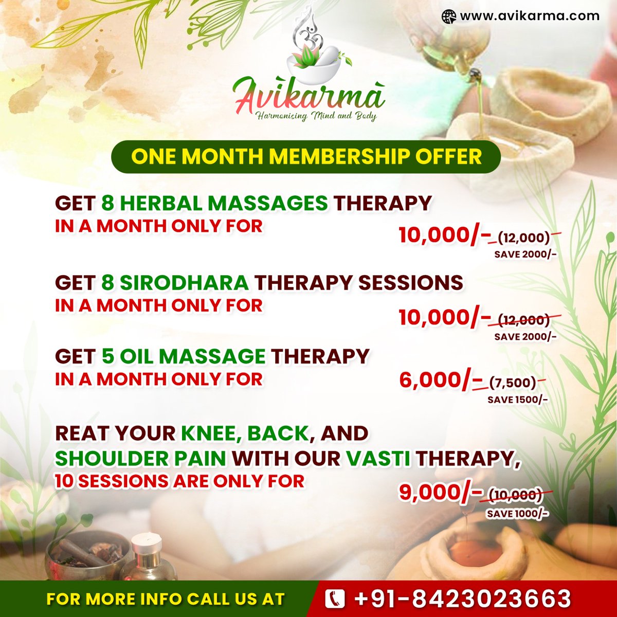 DigitalAvikarma's tweet photo. 🌿 Relax, Rejuvenate, and Save Big! 🌿
Experience ultimate wellness with our One-Month Membership Offer!

💆 Save up to ₹2000 on:
👉Herbal Massage Therapy
👉Shirodhara Therapy
👉Oil Massage Therapy
👉Vasti Therapy

📍 Located near PDR, Luxa Road, Varanasi. https://t.co/EDE0MbXWVD