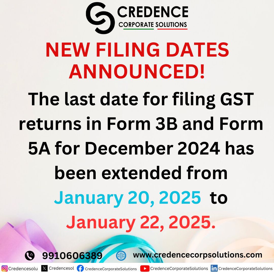 CredenceSol's tweet image. 📣 Deadline Extended! The last date to file GST returns in Form 3B and Form 5A for December 2024 is now January 22, 2025. Don’t delay—file on time! 🗓️ #GSTUpdate #Form3B #Form5A #TaxFiling #Compliance #DeadlineExtended #StayCompliant #TaxUpdates