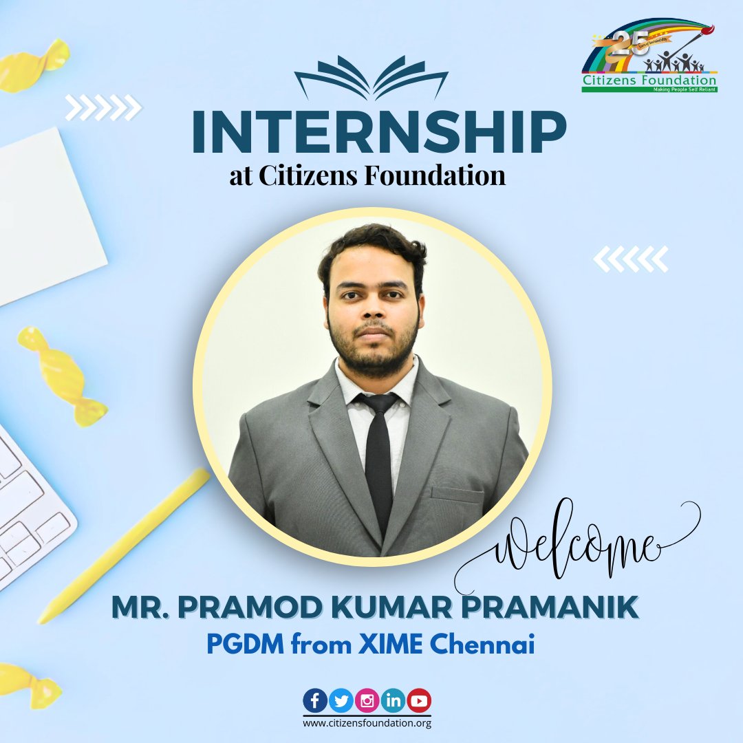citizens_cf's tweet image. Team @citizens_cf welcomes management interns Mr. Pramod Kumar Pramanik from Xavier Institute of Management and Entrepreneurship (@Ximecofficial ), #Chennai. We welcomes him aboard in his journey here learning for the next 3 weeks. #Internship #internshipprograms