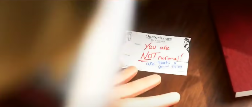 I have returned to show that I have the fakest sounding contribution to this animation.

In the end when he writes on the doctor's note the blue handwriting is mine.
I swear to god this is real
