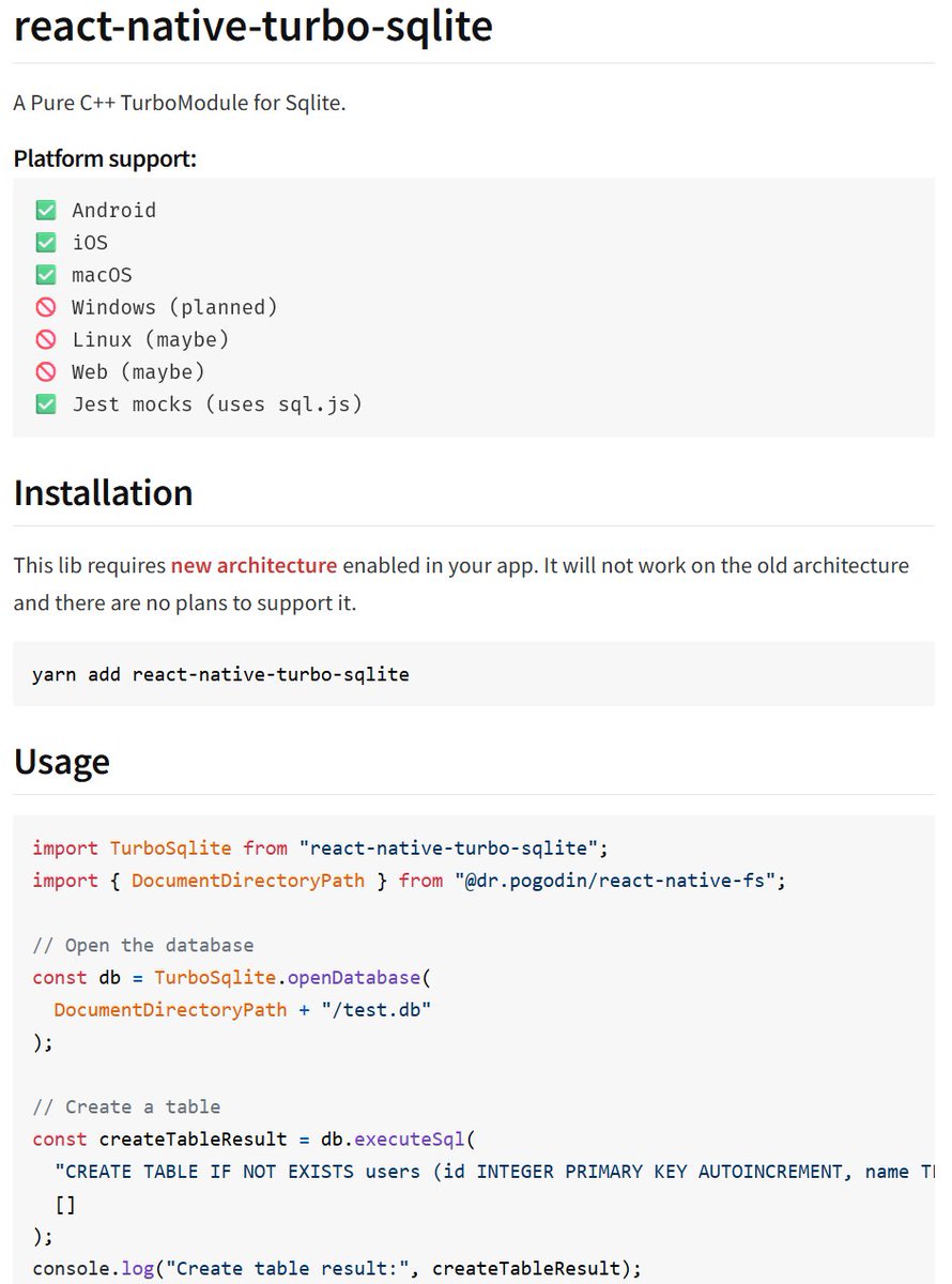 Do you need a simple sqlite library for react-native \w new arch enabled?
Well, today is your lucky day!

I have made a C++ TurboModule for that.

The idea here is to also support all out-of-tree targets (Windows, macOS, visionOS etc) and not just core react-native of iOS/Android