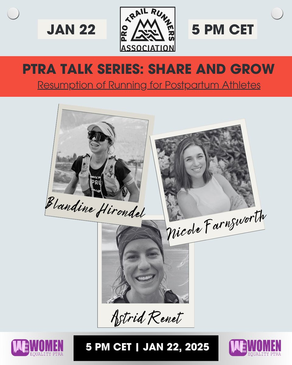 We are happy to present the 2nd event of the PTRA TALKS Series on 22nd January 5PM CET: “Resumption of running for postpartum athletes” conducted by Blandine L’Hirondel, Nicole Farnsworth and Astrid Renet.

It’ll be free for all the PTRA members. More info
trailrunners.run/2025/01/04/int…