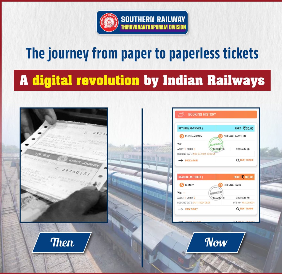 drm_tvc's tweet photo. Say goodbye to paper tickets! ๐ฑ๐
Indian Railways is leading the #DigitalTransformation with seamless, eco-friendly #PaperlessTickets. Book smarter, travel greener!
#IndianRailways #SouthernRailway https://t.co/9HVDN1X2X5