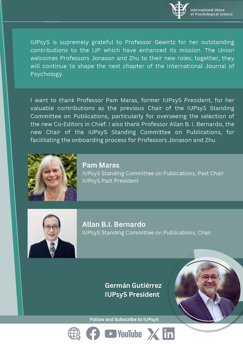 IUPsyS is pleased to announce the appointments of Professor Peter Jonason and Professor Liqi Zhu as the new Co-Editors-in-Chief of the International Journal of Psychology (IJP), effective January 1, 2025. Full details may be viewed online: iupsys.net/wp-content/upl…