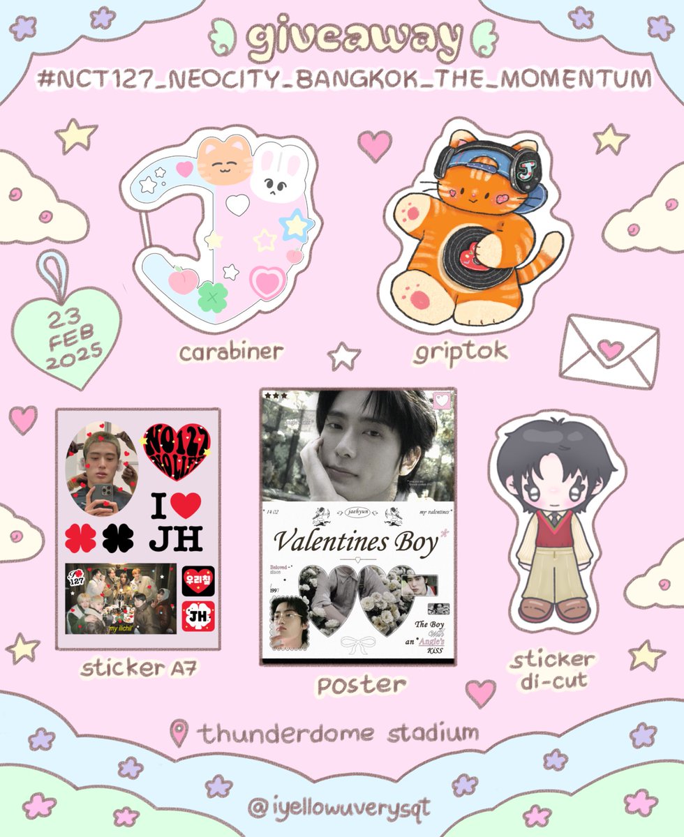 🍎 pls kindly rt  💭

giveaway ♥️♥️

♡ carabiner 
♡ griptok
♡ sticker di-cut
♡ sticker a7
♡ poster 

★ date : 23 feb 2025
★ time : tba

🍑 more details in mention ❕❕

#theMOMENTUMinBKK
#NCT127_NEOCITY_THE_MOMENTUM 
#NCT127_NEOCITY_BANGKOK_THE_MOMENTUM
