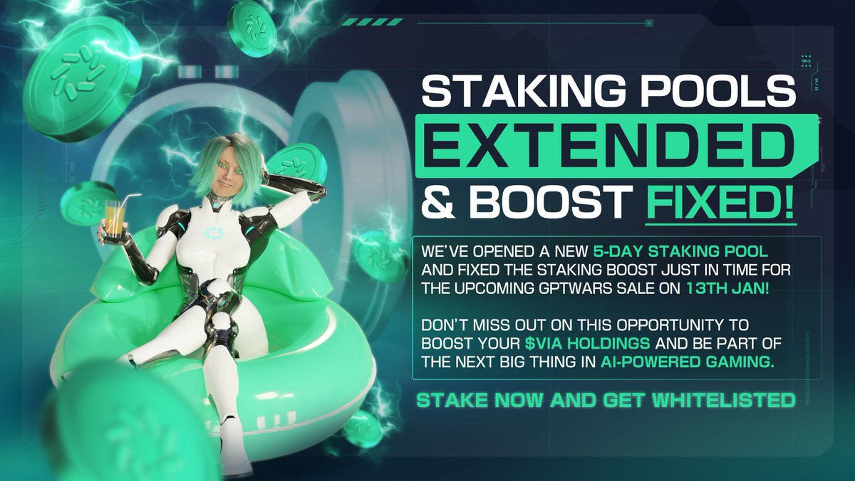 🚨Staking Pools Extended + Boost Fixed!🚨

We’ve opened a new 5-day staking pool and fixed the staking boost just in time for the upcoming GPTWars sale on 13th Jan!

➡️ Stake now and Get whitelisted: pad.octavia.one/project/gpt-wa…