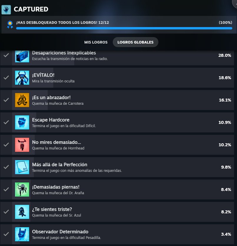 🌟2DO platino del año // CAPTURED 🌟

🎮me tarde en total unas 7 horas 

🎯Le pongo un 6/10 en dificultad  

 Muy buen juego de terror .
