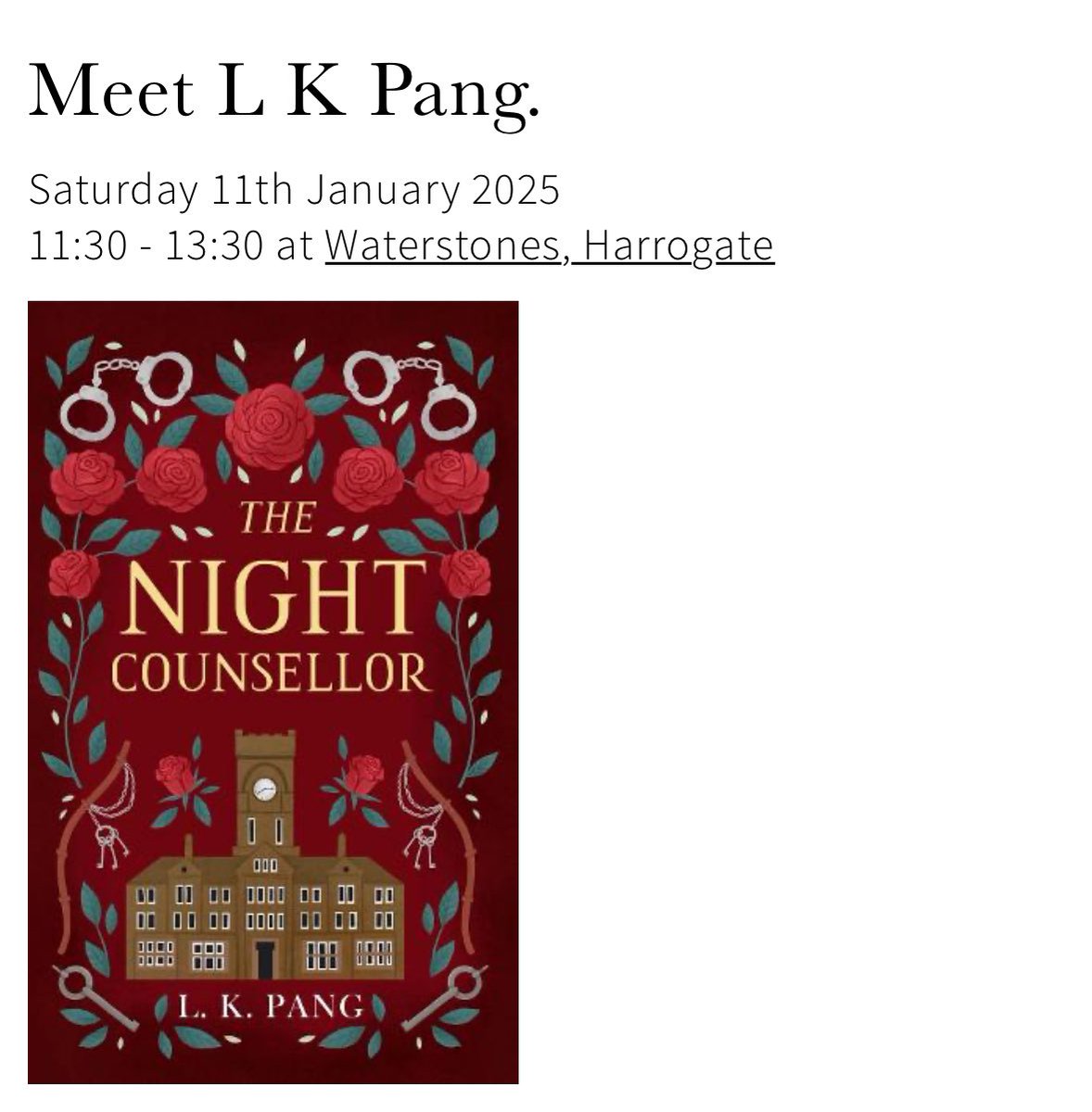 Meet me waterstonesharrogate today from 11.30am! I’ll be at a table in my dressed like the Michelin man. Temperatures should soar up to 0C by that time! ❄️ #booksigning #waterstones #waterstonesharrogate #gothicthriller #historicalfiction #thenightcounsellor #lkpang #writerslift