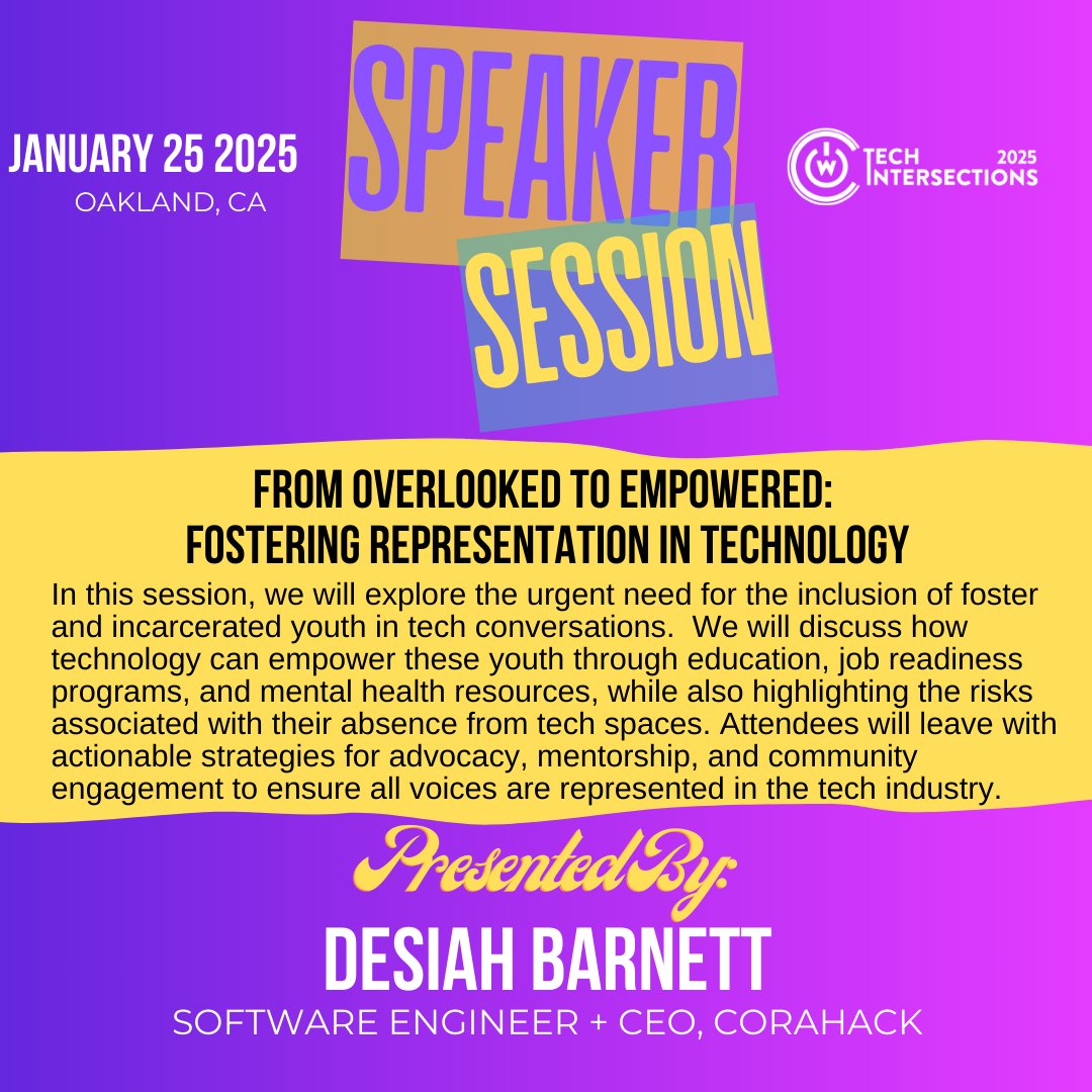 tech_intersect's tweet image. Learn how tech can uplift foster & incarcerated youth with Desiah Barnett. Explore strategies for education, job readiness, & mental health resources.
🗓️ Jan 25 | #MillsCollege #Oakland
🎟️ Get Tix: bit.ly/2025techinters…
#TechIntersections #WOCinTech #TechEdForAll