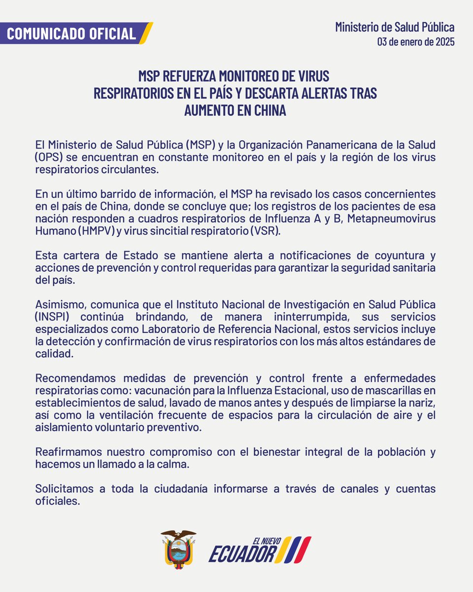 COMUNICADO OFICIAL | El Ministerio de Salud informa a la ciudadanía que reforzamos el monitoreo de virus respiratorios en el país y descarta alertas tras aumento de casos en China. 

Solicitamos a la ciudadanía mantenerse informada por canales oficiales.