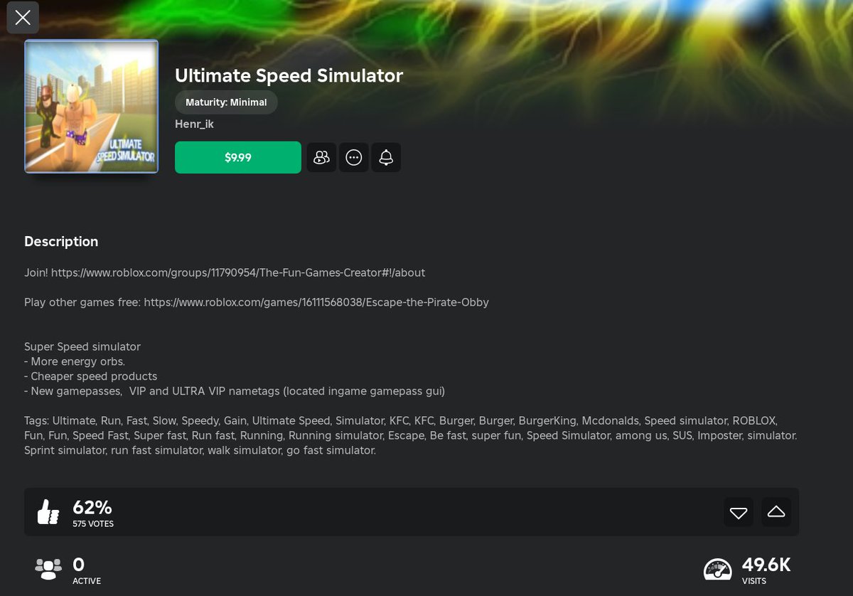 20slices's tweet photo. #ROBLOX this shit costs 10 dollars to play, no wonder why there's 0 active users. Roblox, you're not fucking EA Sports, remove the paywall to play a specific game https://t.co/SrPLTOym4Q