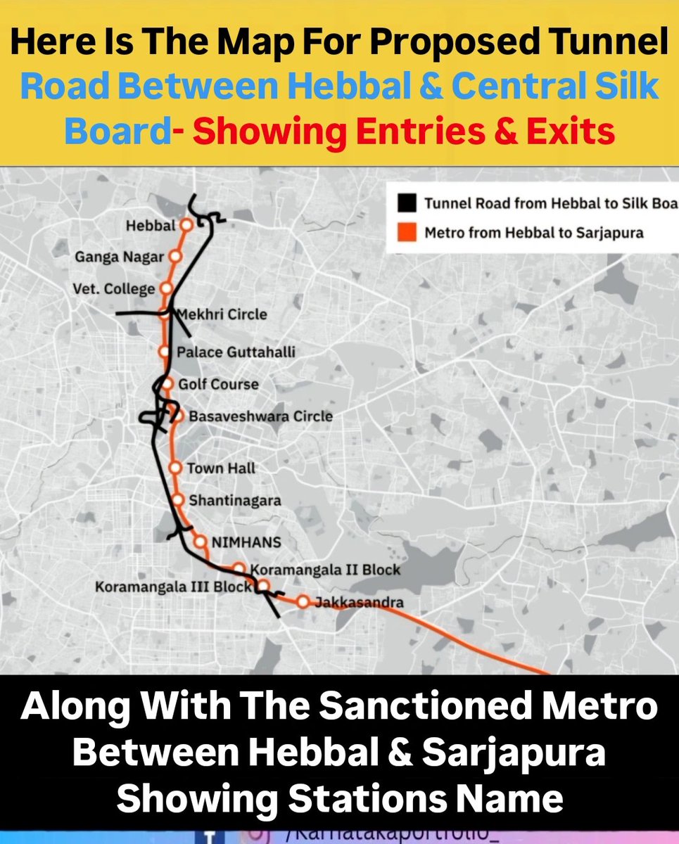 karnatakaportf's tweet image. Here is the map for proposed TUNNEL road between Hebbal &amp;amp; Central Silk Board- showing Entries &amp;amp; Exits,along with Sanctioned Metro-bet Hebbal &amp;amp; Sarjapura-showing Station 
#nammametro #bangaloremetro  #bmrcl #tunnelroad #bangalore #bengaluru @OfficialBMRCL @BBMPCOMM @DKShivakumar