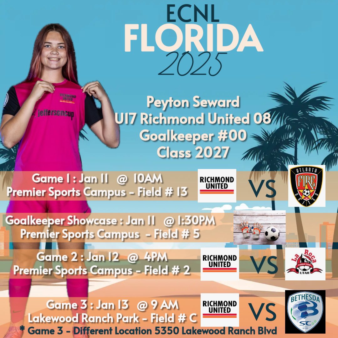 Peyton Seward 🧤⚽️🧤💪 (@peyton_seward_) on Twitter photo One week away from ECNL Florida 2025! I will be participating in the Goalkeeper Showcase on Saturday (1/11) at 1:30PM on field #5. My complete schedule can be found below.
<a href="/ImYouthSoccer/">ECNL/GA/Recruiting/College Soccer</a> <a href="/ImCollegeSoccer/">College Soccer Truth ™</a> <a href="/TheSoccerWire/">SoccerWire</a> <a href="/PrepSoccer/">Prep Soccer ⚽️</a> One week away from ECNL Florida 2025! I will be participating in the Goalkeeper Showcase on Saturday (1/11) at 1:30PM on field #5. My complete schedule can be found below.
<a href="/ImYouthSoccer/">ECNL/GA/Recruiting/College Soccer</a> <a href="/ImCollegeSoccer/">College Soccer Truth ™</a> <a href="/TheSoccerWire/">SoccerWire</a> <a href="/PrepSoccer/">Prep Soccer ⚽️</a>