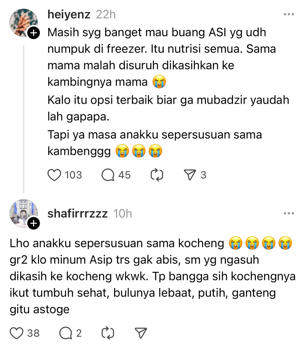 tehnit4's tweet photo. kemarin ada ribut-ribut soal asi, barusan nemu ini di threads 🤣😭

btw, buibuk yang asip-nya numpuk/sisa gini, selain didonorkan biasanya diapain? https://t.co/HZLHbivClR