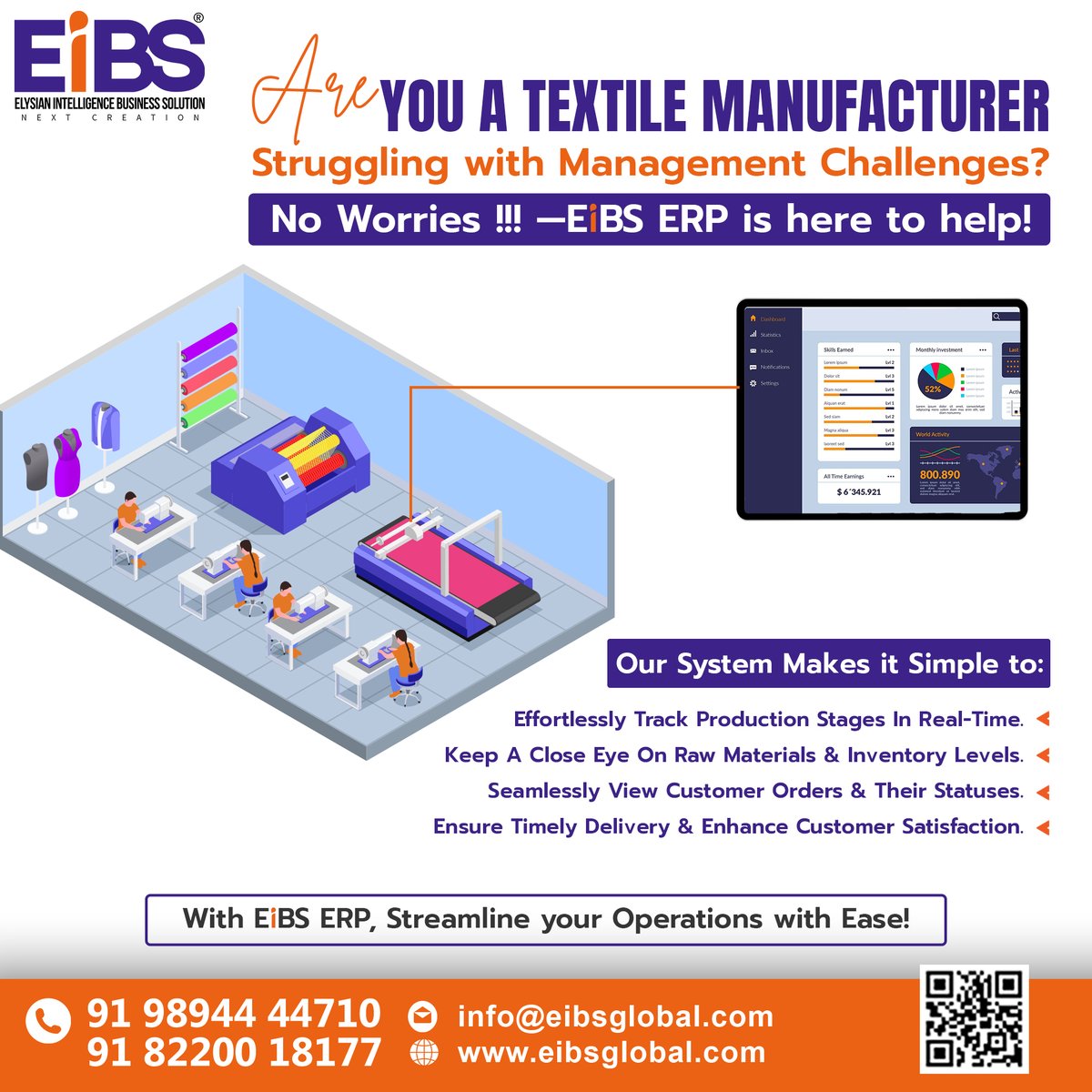 EIBS_Global's tweet photo. 🎯 Are You a Textile Manufacturer Facing Management Challenges? 🏭

📞☎️ Call us now: 9894444710, 9790464324

#EiBS #ERP #BusinessSolutions #AllInOnePlatform #EfficiencySimplified #AIForBusiness #leadmanagementsoftware #leadmanagement #leadmanagementERP #erpsolutions https://t.co/FxmBt6lSHD