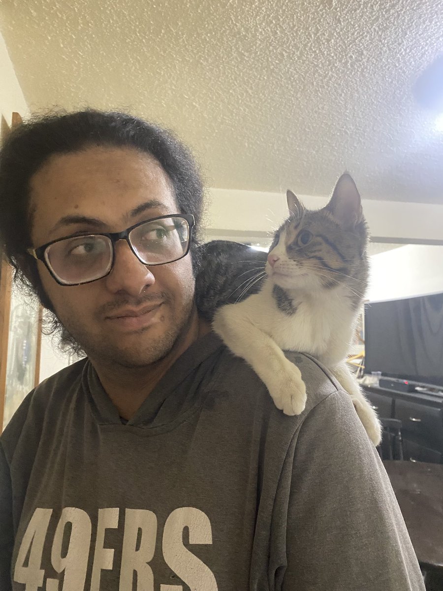 La hemos estado subiendo y hoy se subió sola por cariñitos! OwO Tengo un gato de hombro!!! 🤣❤️