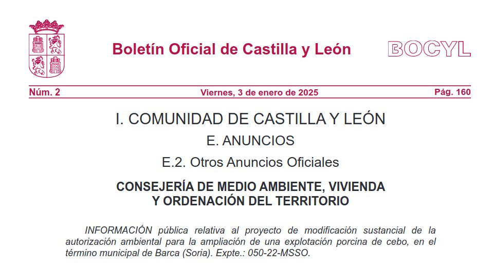 #Barca Información Pública #Macrogranja #Porcina.
BOCyL 3Enero2025. Ampliación de 3.976 a
5.637 cerdos de cebo de 20 a 120 kg
Para habitantes del pueblo y colindantes cuyas aguas ya están cargadas de #Nitratos
#StopGanaderíaIndustrial
bocyl.jcyl.es/boletines/2025…