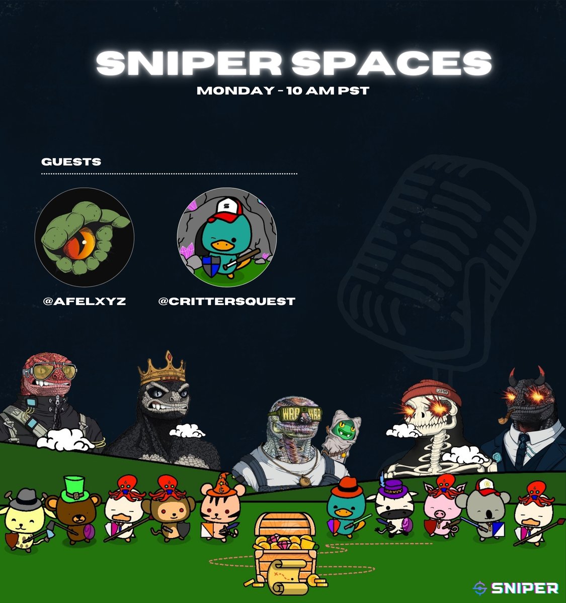 Sniper Spaces w/ <a href="/crittersquest/">Critters Quest</a> + <a href="/afelxyz/">AFEL</a> 🎯

These two projects have taken <a href="/solana/">Solana</a> by storm and we wanna chat about it 🗣️

Let's vibe, link below 👇