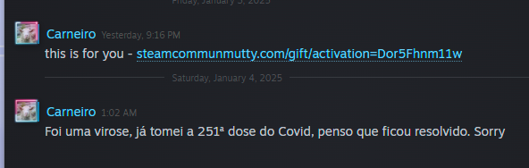 -toma virus

-"era un virus, ya he tomado la dosis 251 de covid y creo que está resuelto, perdon."