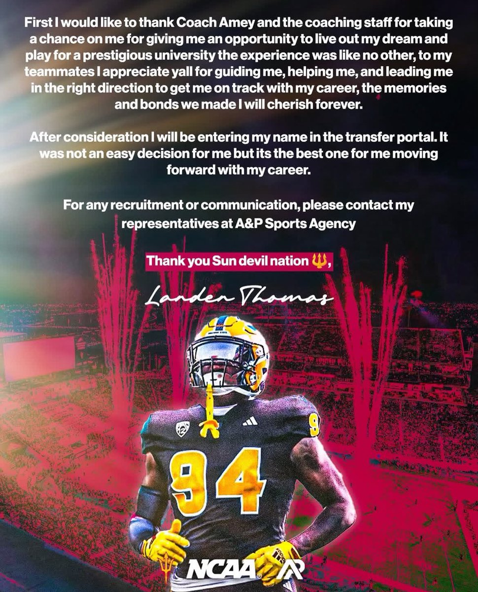 I will be entering the transfer portal with 3 years of eligibility.
Thank you Sun devil nation 🔱
